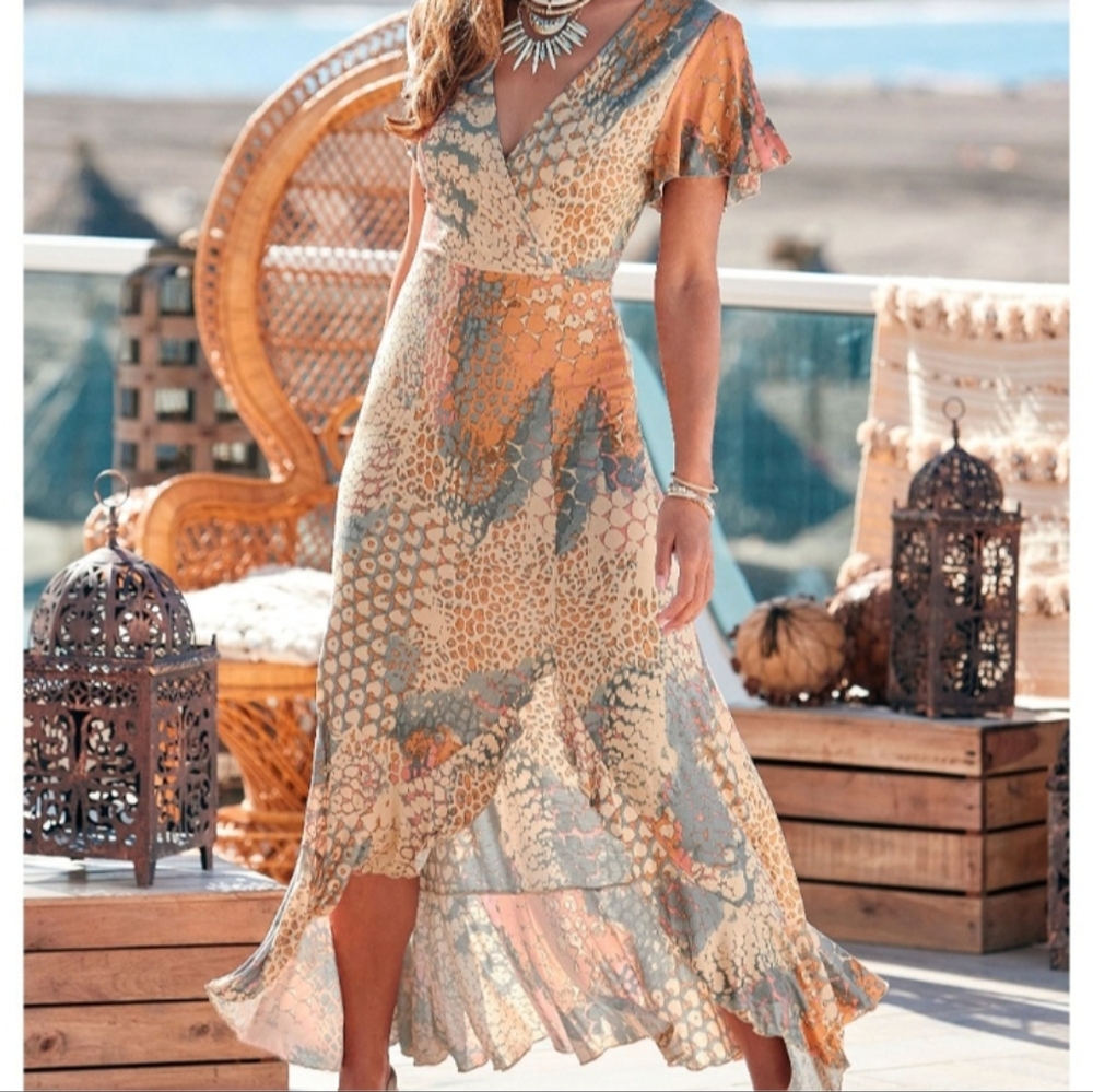 Boho V-Neck Flutter Sleeve Maxi Dress in Orange and Beige - Picture 11 of 11